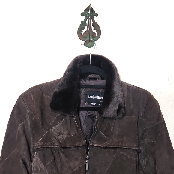 Leather Works Vintage Genuine Leather Patchwork Faux Fur Trim  Brown Size Small - Picture 3 of 12
